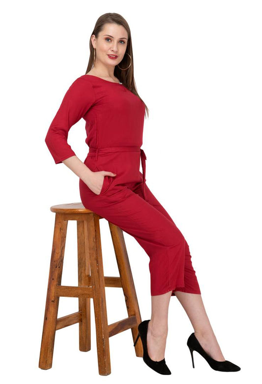 Women's Maroon Rayon Self Pattern Basic Jumpsuit