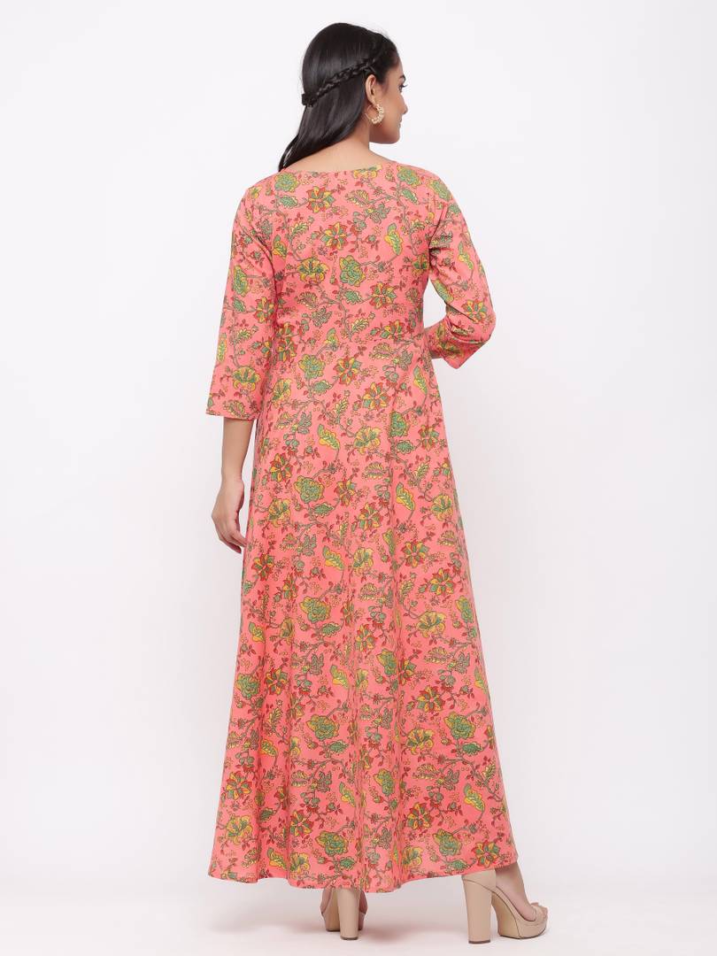 Adorable Peach Cotton Printed Anarkali Long Gown