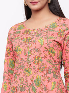 Adorable Peach Cotton Printed Anarkali Long Gown