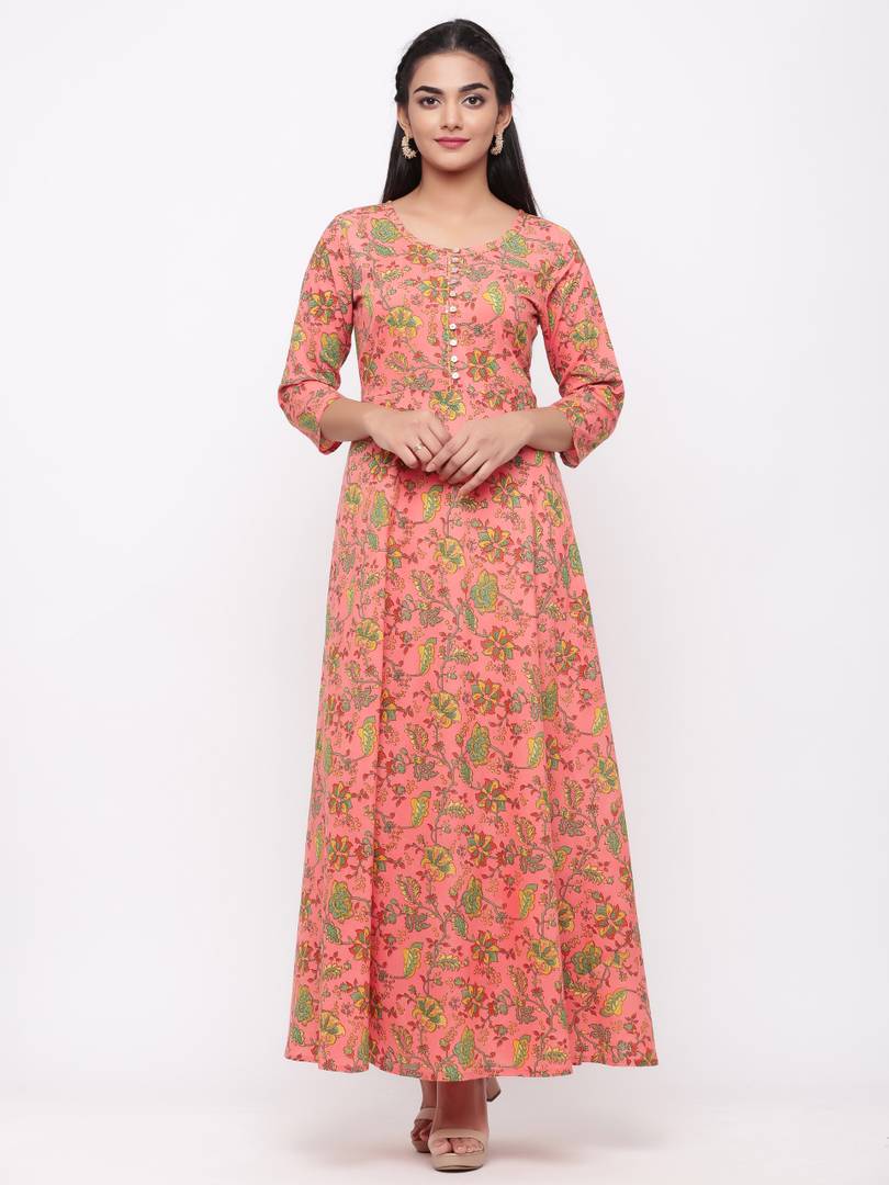 Adorable Peach Cotton Printed Anarkali Long Gown
