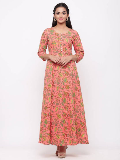 Adorable Peach Cotton Printed Anarkali Long Gown