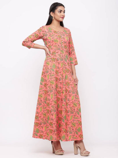 Adorable Peach Cotton Printed Anarkali Long Gown