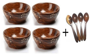 Wooden Snacks Bowls For Dry Snacks/Dry Fruits Set of 4 With 4 Wooden Spoons