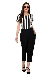 Stylish Black & White Crepe Striped Jumpsuit For Women