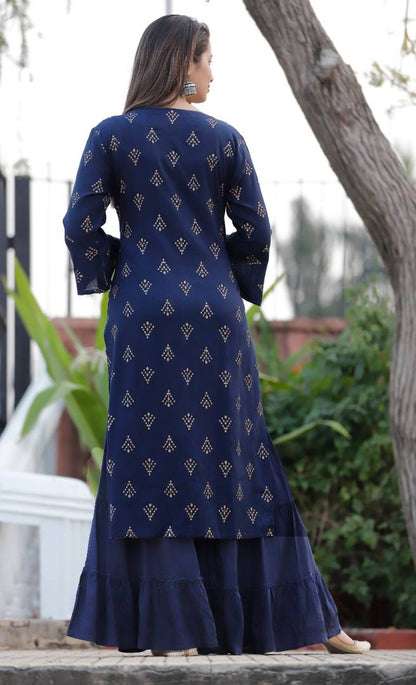 Stylish Gold Printed Rayon Kurta and  Sharara set