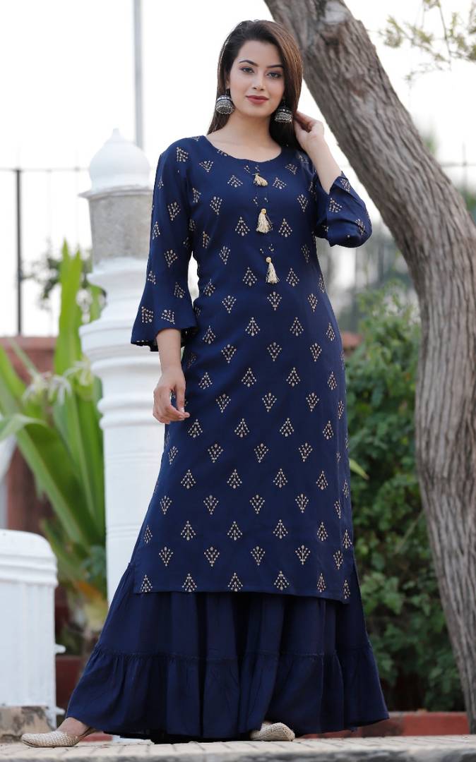 Stylish Gold Printed Rayon Kurta and  Sharara set