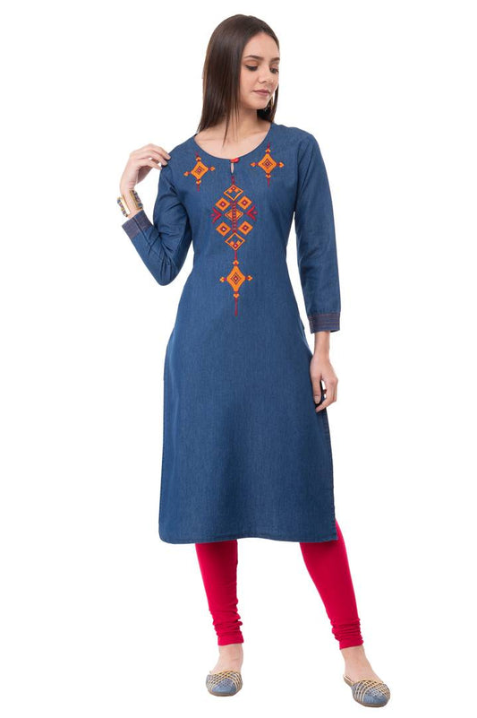 Stylish Embroidered Denim Straight Kurta