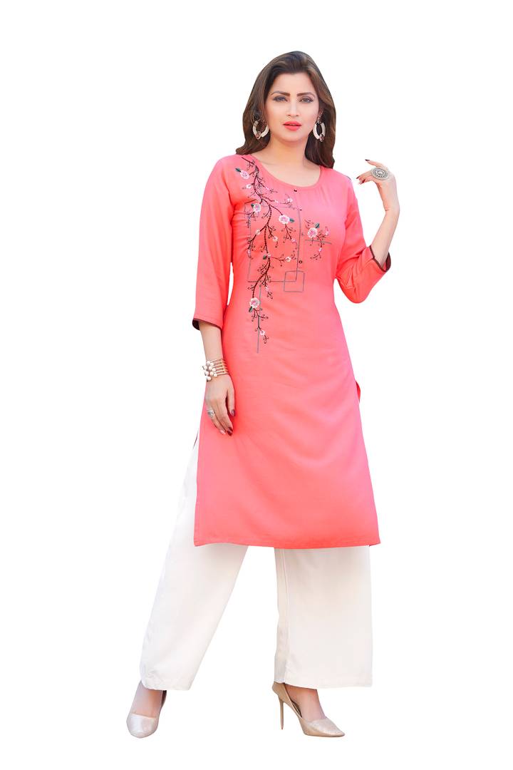 Women's Beautiful Pink Embroidered Rayon Straight Kurta