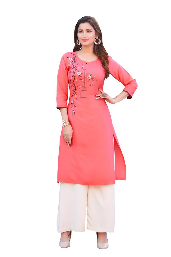Women's Beautiful Pink Embroidered Rayon Straight Kurta