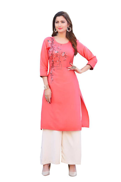 Women's Beautiful Pink Embroidered Rayon Straight Kurta