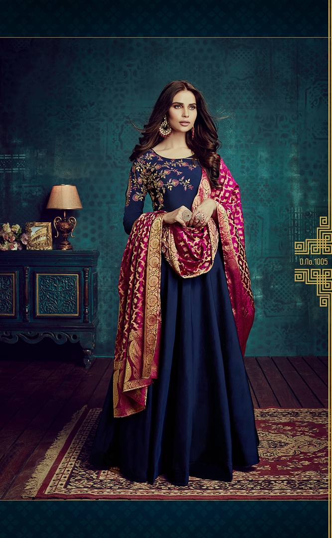 Women's Blue Embroidered Tafeta Silk Semi stitched Anarkali Suit
