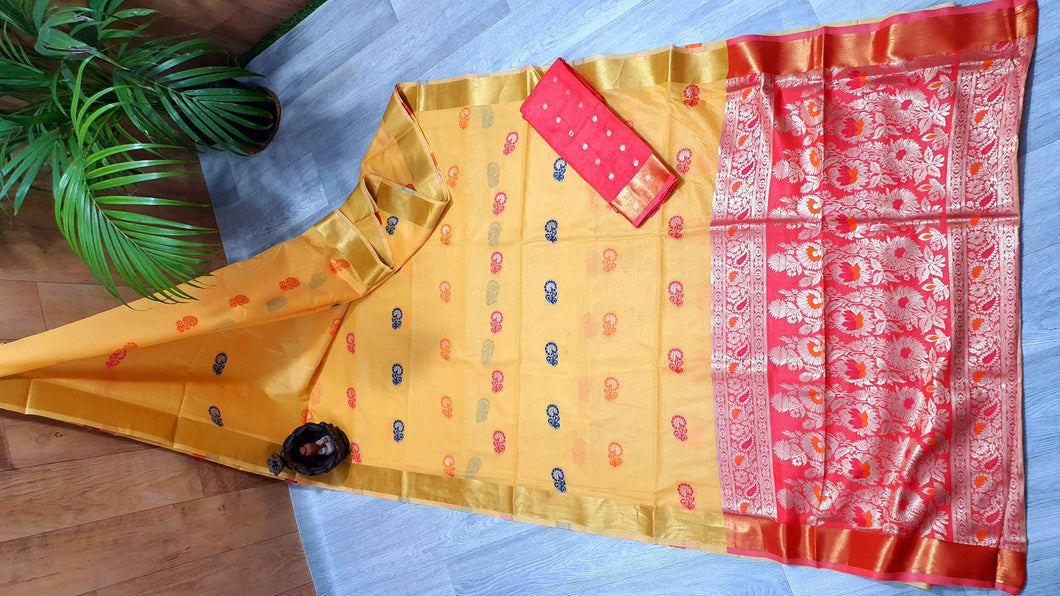 Trendy Chanderi Cotton Silk Jacquard Saree With Running Cotton Silk Blouse Piece