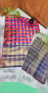Trendy Dyed Polysilk Woven With Checked Saree With Running Poly Silk Blouse Piece