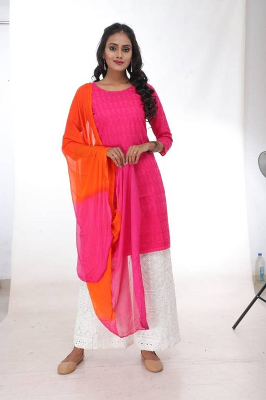 Elegant Pink Cotton Women Kurta Palazzo Set With Dupatta