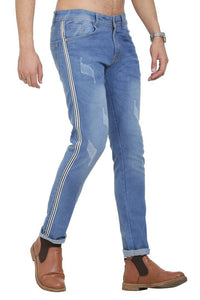 Blue Polycotton Striped Regular Fit Mid-Rise Jeans