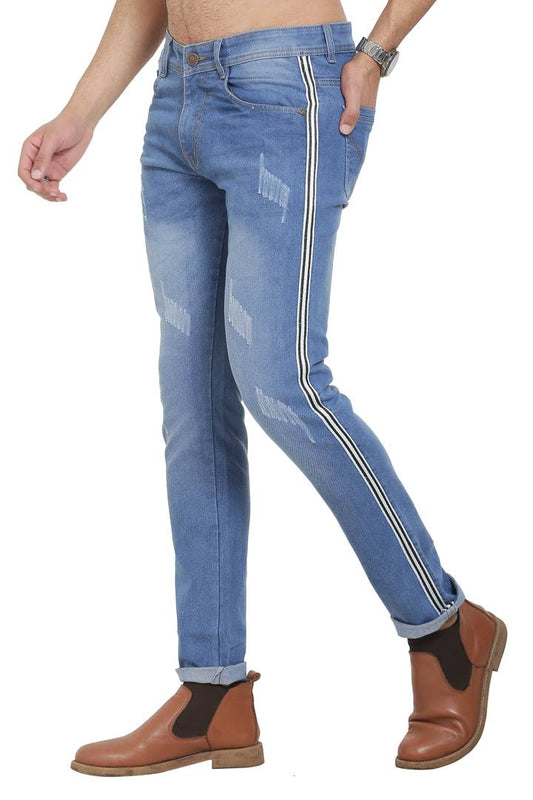 Blue Polycotton Striped Regular Fit Mid-Rise Jeans