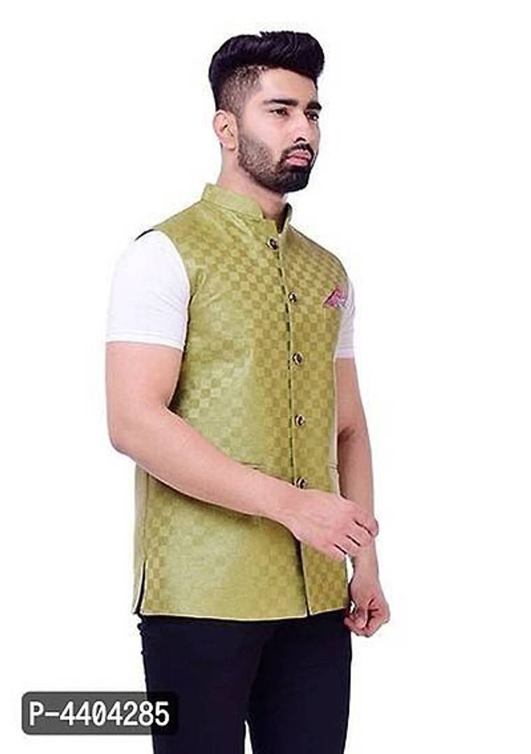 TRANOLI Fashionable Green Jute Checked Waistcoat For Men
