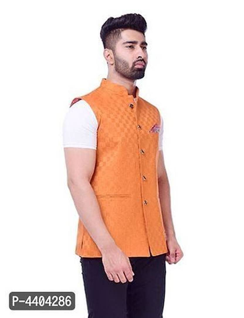 TRANOLI Fashionable Orange Jute Checked Waistcoat For Men