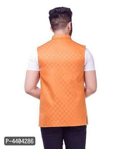 TRANOLI Fashionable Orange Jute Checked Waistcoat For Men