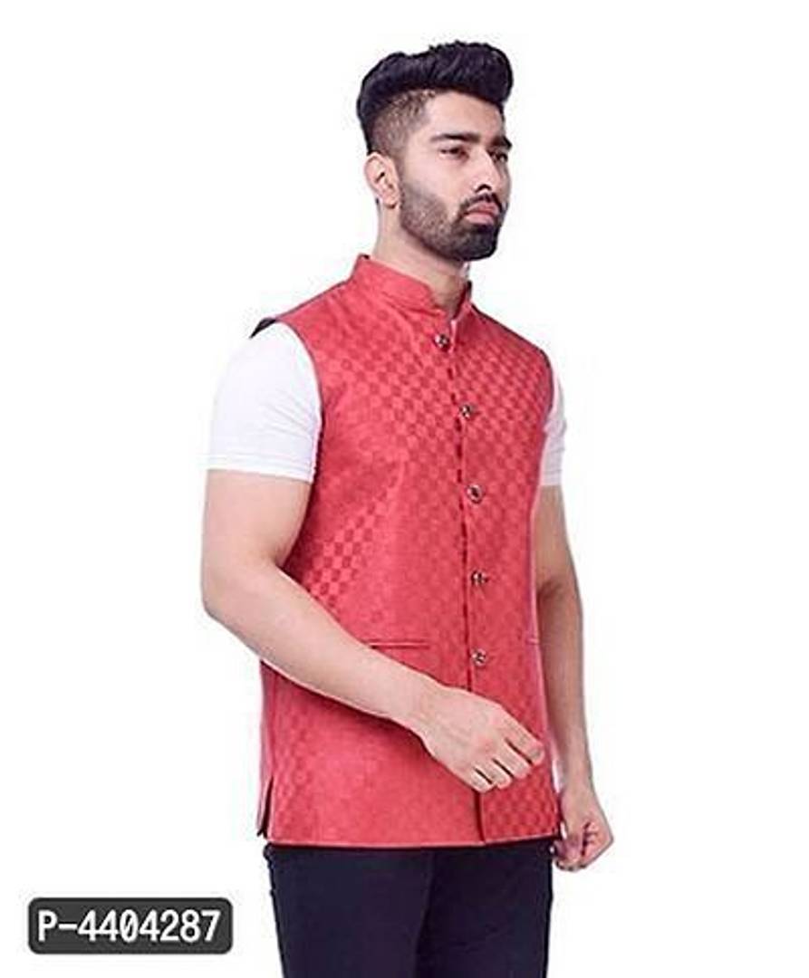 TRANOLI Fashionable Red Jute Checked Waistcoat For Men