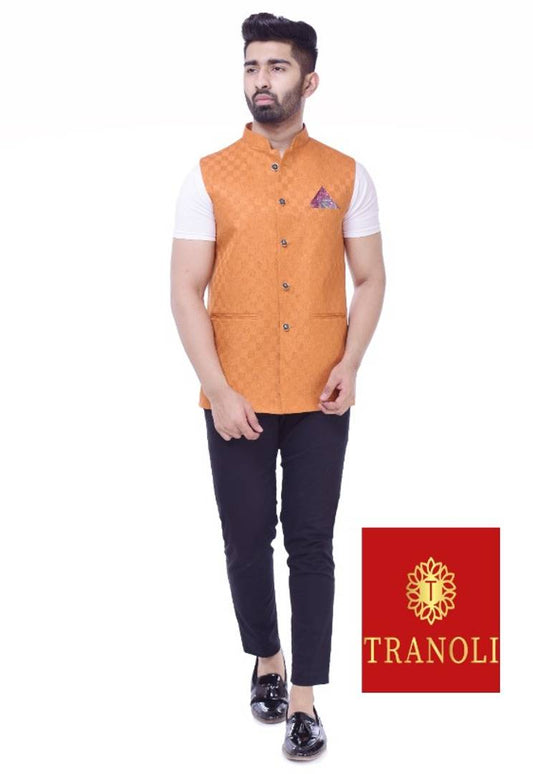 TRANOLI Fashionable Orange Jute Checked Waistcoat For Men
