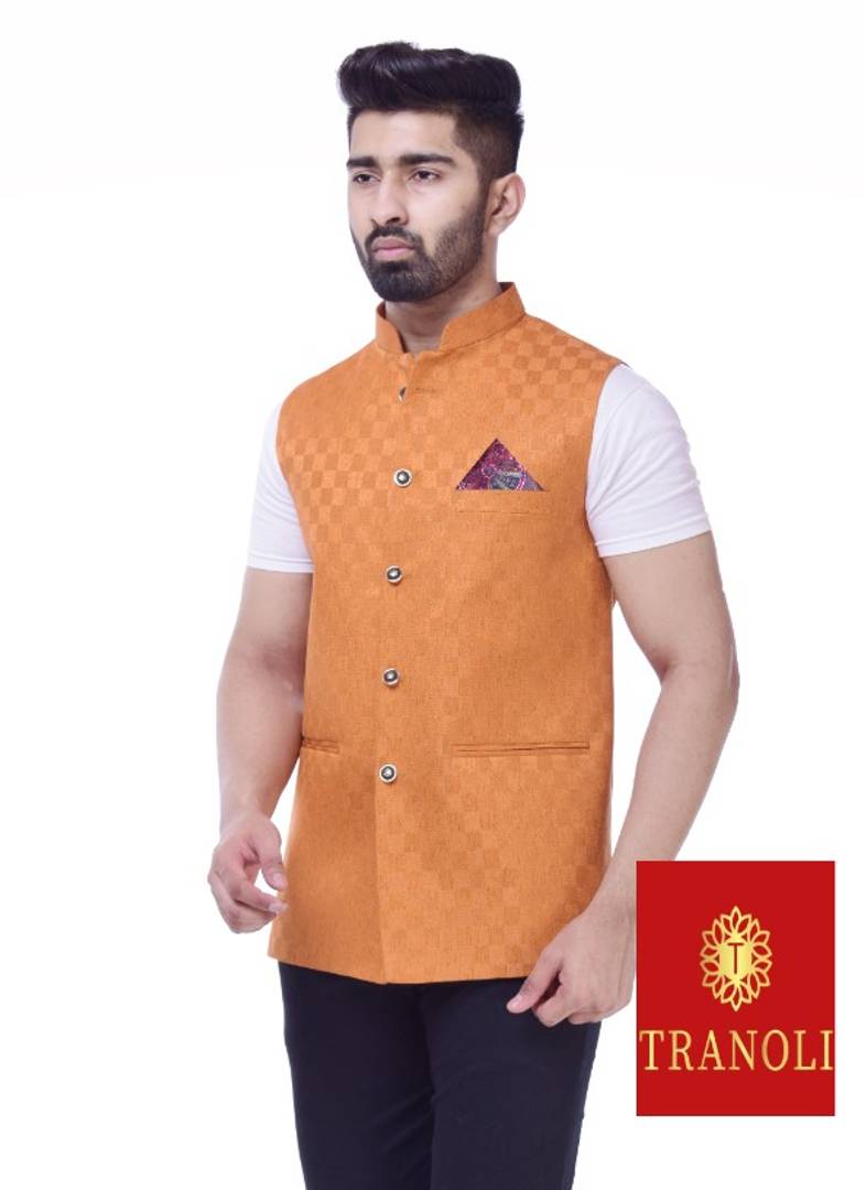 TRANOLI Fashionable Orange Jute Checked Waistcoat For Men