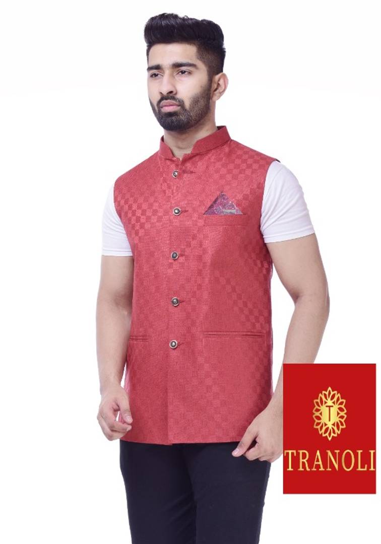 TRANOLI Fashionable Red Jute Checked Waistcoat For Men