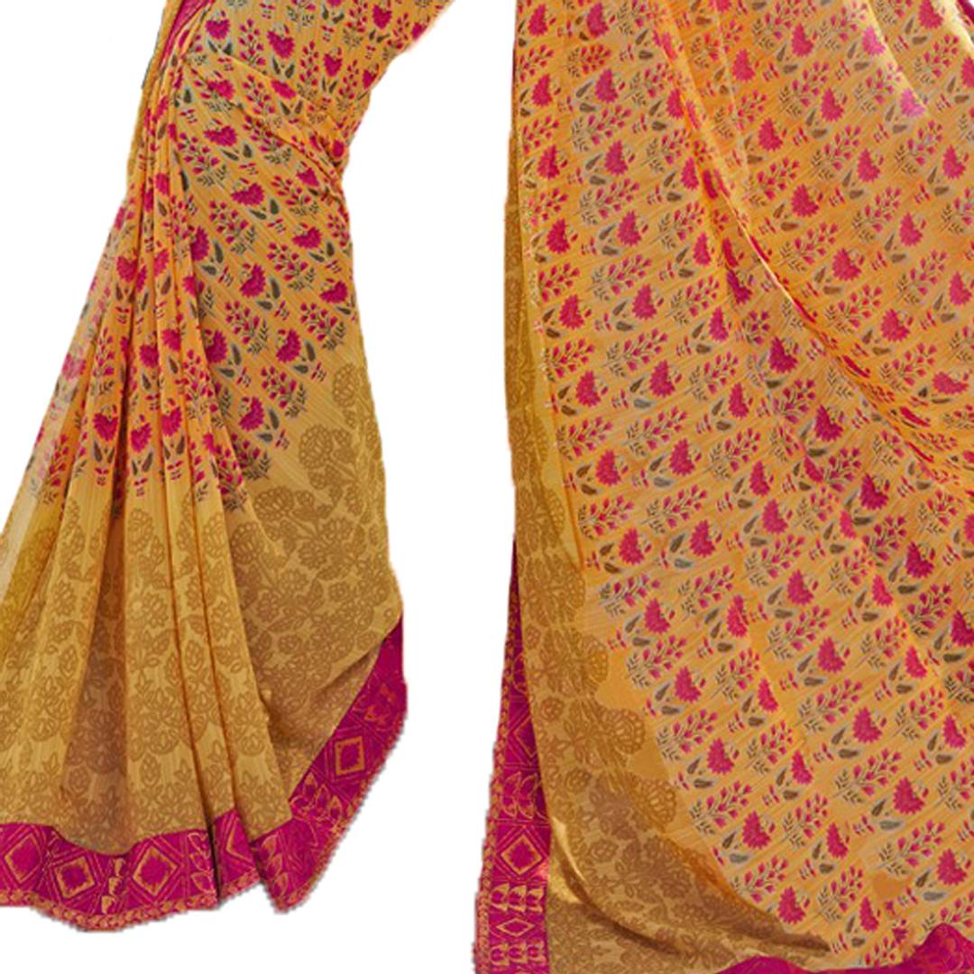 Women's Georgette Printed Lace Work Saree With Blouse Piece