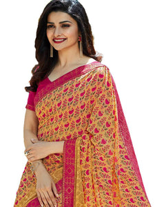 Women's Georgette Printed Lace Work Saree With Blouse Piece