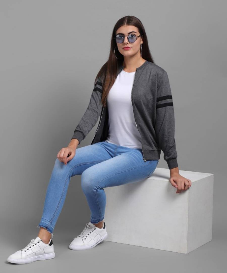 Elizy Women Grey Plain White Stripe Sleeve Chain Jacket