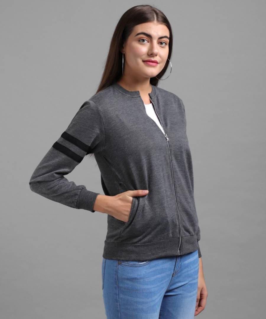 Elizy Women Grey Plain White Stripe Sleeve Chain Jacket