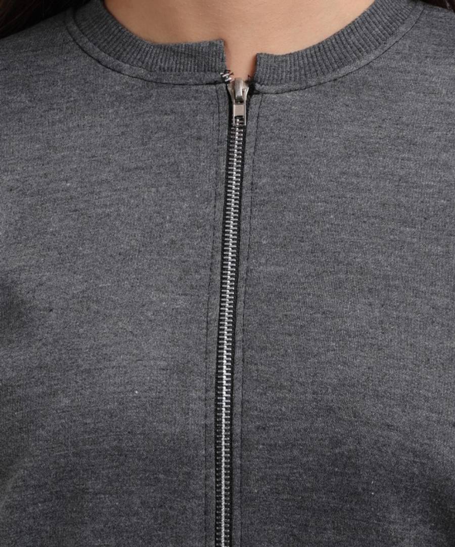Elizy Women Grey Plain White Stripe Sleeve Chain Jacket