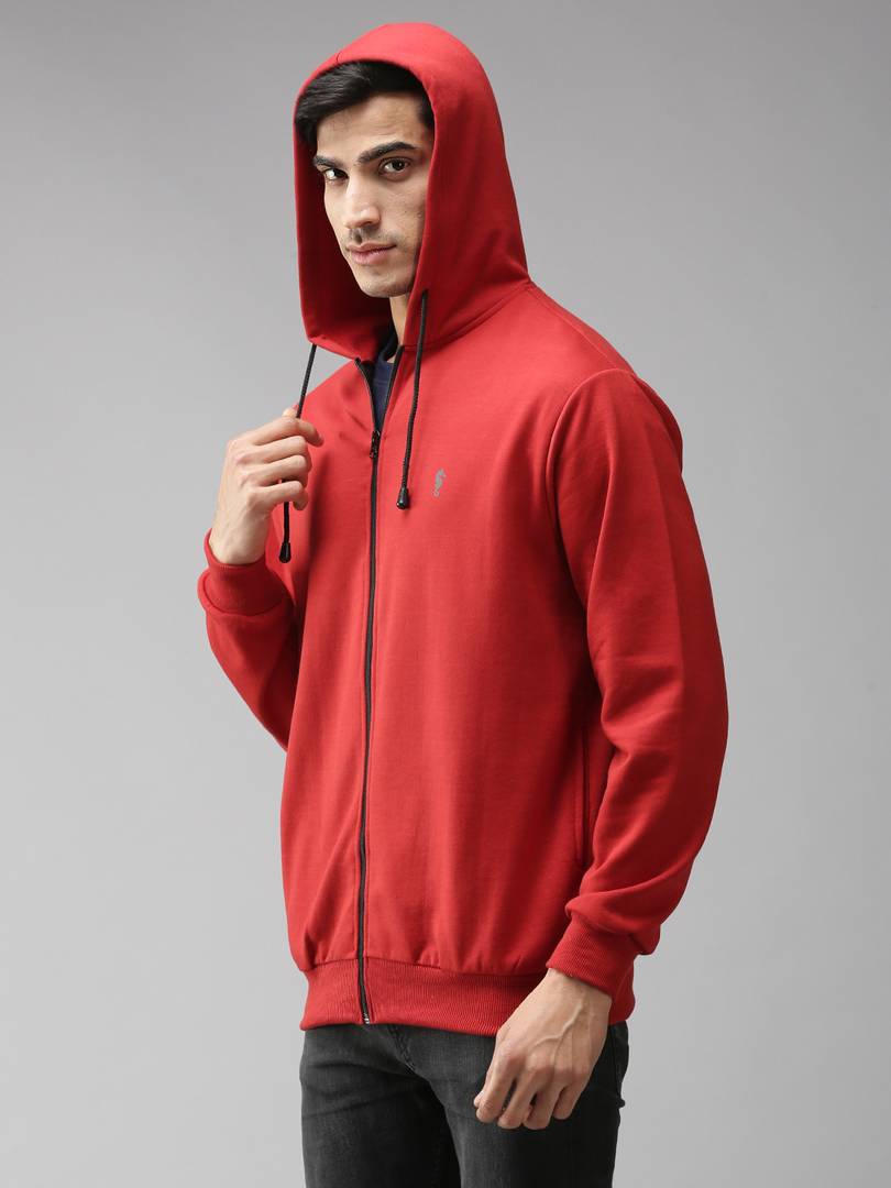Stylish Polycotton Fleece Red Solid Hoodies Sweatshirt For Men