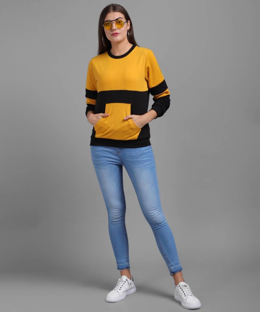 Vivient Women Mustured Plain Black Sleeve Front Pocket Pullover