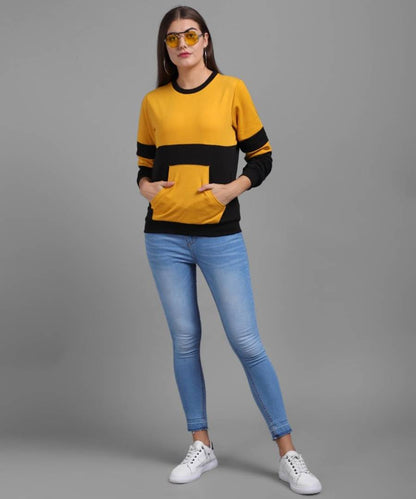 Vivient Women Mustured Plain Black Sleeve Front Pocket Pullover