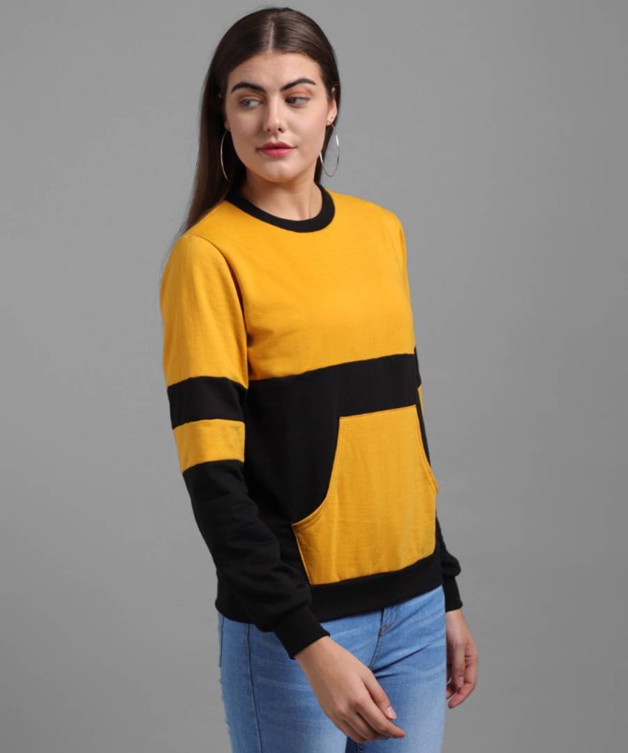 Vivient Women Mustured Plain Black Sleeve Front Pocket Pullover
