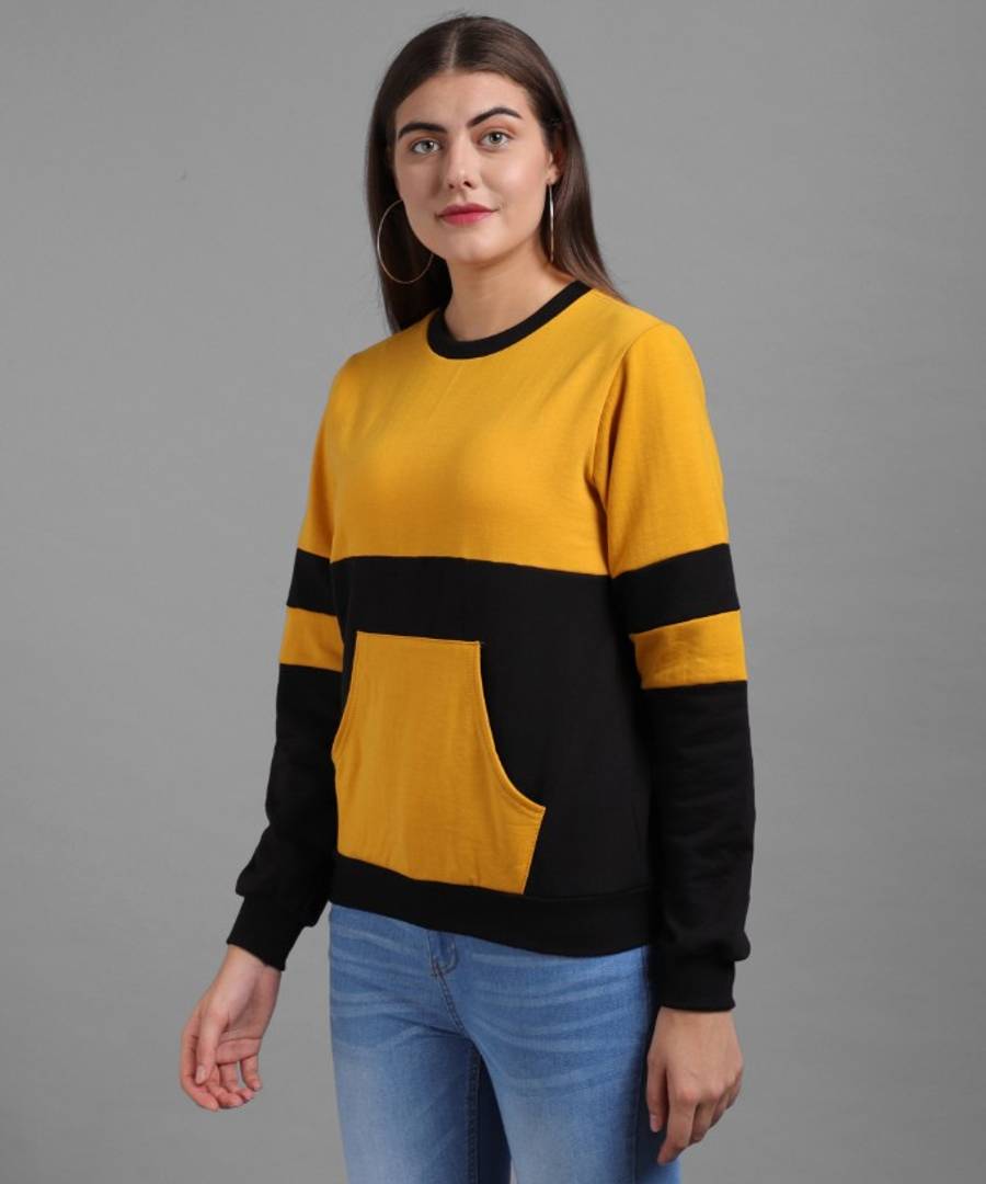 Vivient Women Mustured Plain Black Sleeve Front Pocket Pullover