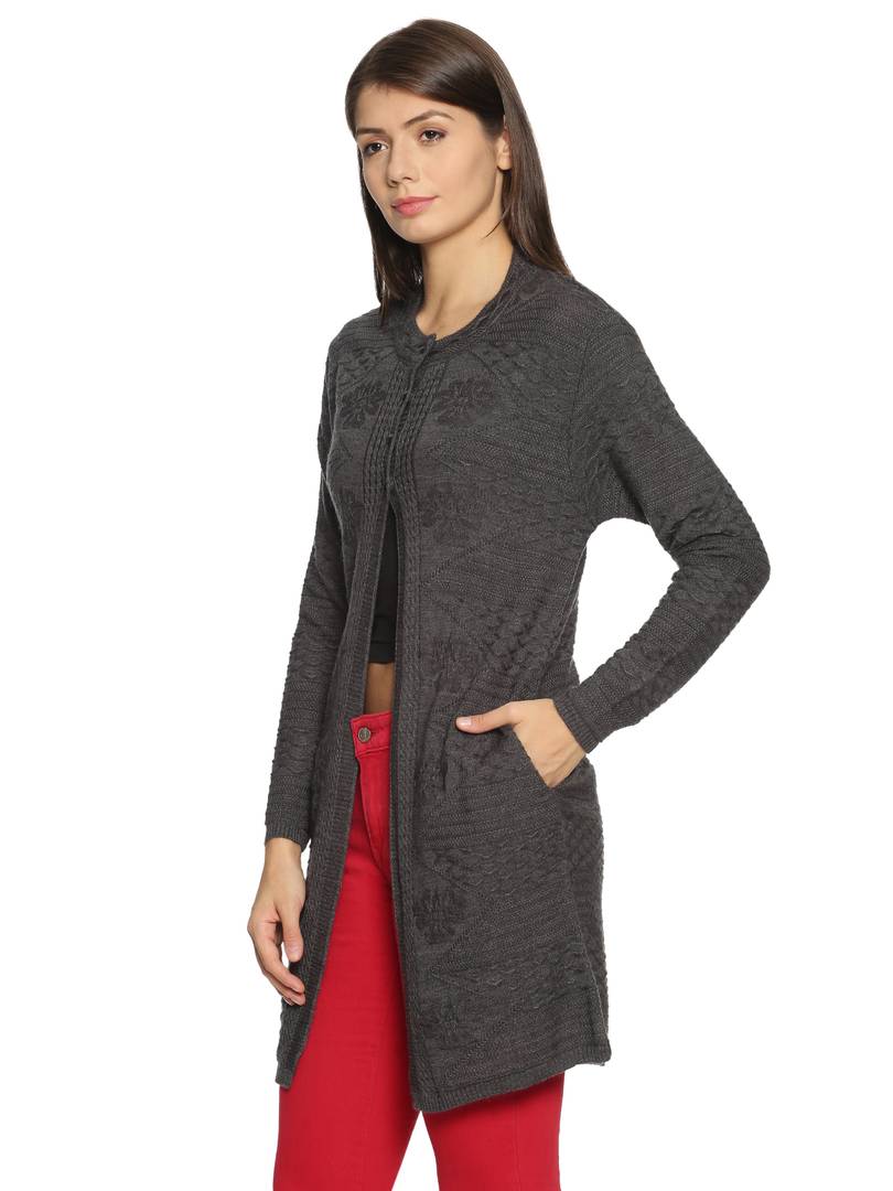 Women's Round Neck Acrylic Blend Full Sleeve Outer Long Buttoned with 2 Pockets Casual Sweater Cardigan