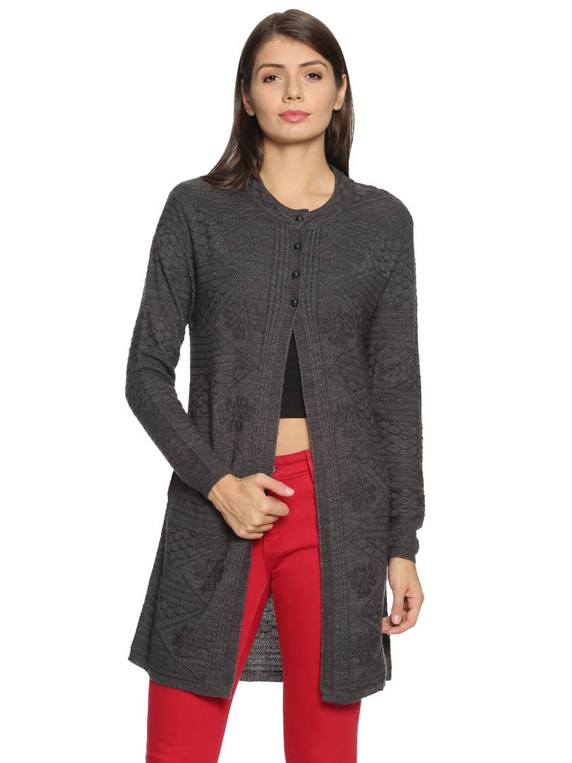 Women's Round Neck Acrylic Blend Full Sleeve Outer Long Buttoned with 2 Pockets Casual Sweater Cardigan