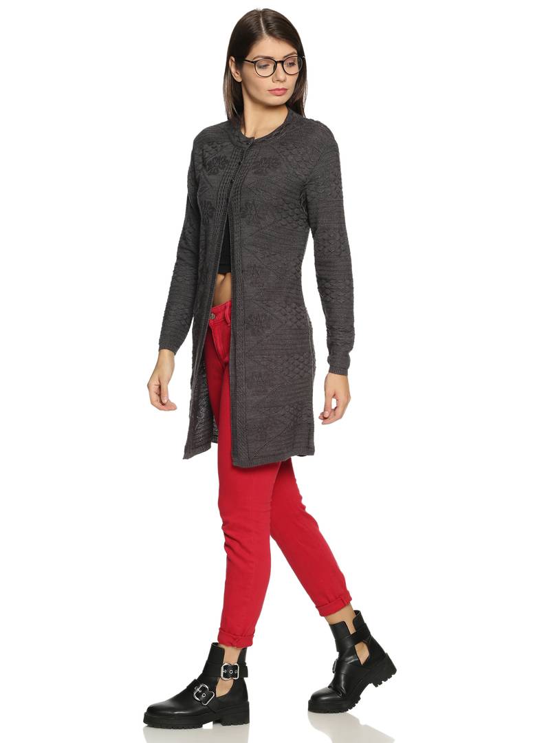 Women's Round Neck Acrylic Blend Full Sleeve Outer Long Buttoned with 2 Pockets Casual Sweater Cardigan