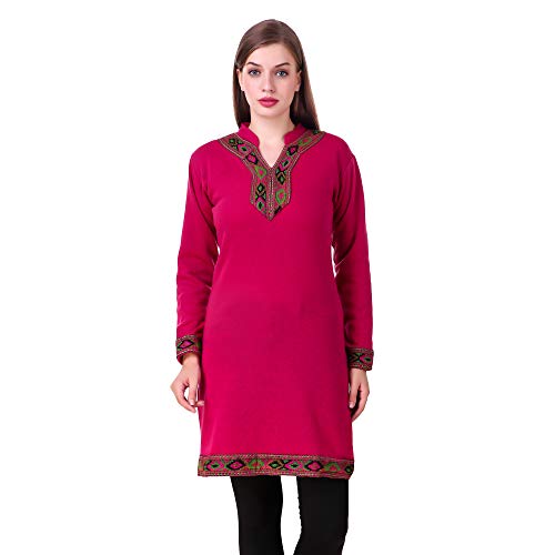 KIBA RETAIL Winter Collection Solid Women's KURTI New Stylish Designer Neck Chinese Collar Style Winter Wear, Party Wear, Designer Casual Wear Woolen Kurtis so soft ,Thin & Also Warm (Color-Pink) & Size-L