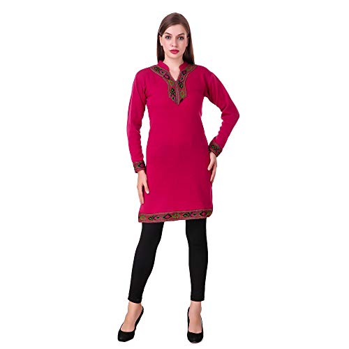 KIBA RETAIL Winter Collection Solid Women's KURTI New Stylish Designer Neck Chinese Collar Style Winter Wear, Party Wear, Designer Casual Wear Woolen Kurtis so soft ,Thin & Also Warm (Color-Pink) & Size-L