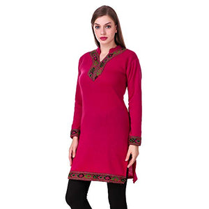 KIBA RETAIL Winter Collection Solid Women's KURTI New Stylish Designer Neck Chinese Collar Style Winter Wear, Party Wear, Designer Casual Wear Woolen Kurtis so soft ,Thin & Also Warm (Color-Pink) & Size-L