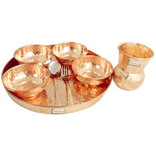 Load image into Gallery viewer, Prisha India Craft Traditional Dinner Set Dinnerware 100% Pure Copperware Thali Set Diameter 12&quot; (1 Thali, 1 Spoons,1Fork, 1 Tumblers, 4 Serving Bowls)