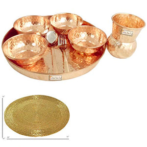 Prisha India Craft Traditional Dinner Set Dinnerware 100% Pure Copperware Thali Set Diameter 12" (1 Thali, 1 Spoons,1Fork, 1 Tumblers, 4 Serving Bowls)