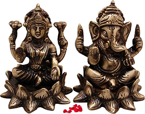Two Moustaches Brass Laxmi Ganesh Idol On Lotus Set