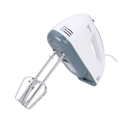 An electrical hand blender with a white body and grey accents, featuring a pair of chrome mixing beaters.