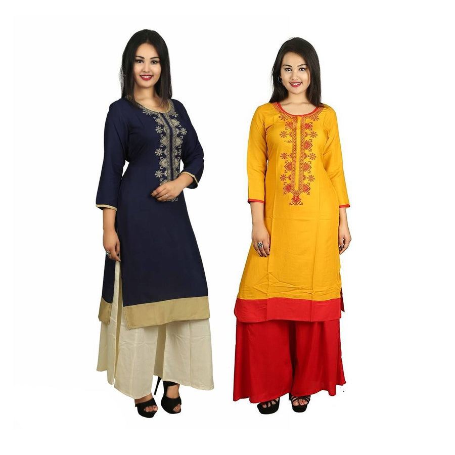 Blue-Mustard Straight Cotton 3/4 Sleeve Kurta Combo of 2