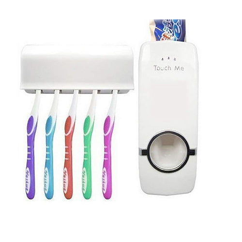 Automatic White Toothpaste Dispenser with Toothbrush Holder Stand