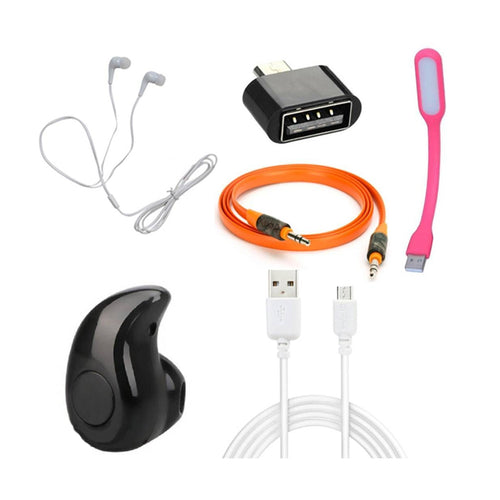 Combo Of Mini Bluetooth Earphone With OTG, Aux Cable, Data Cable & USB Light
